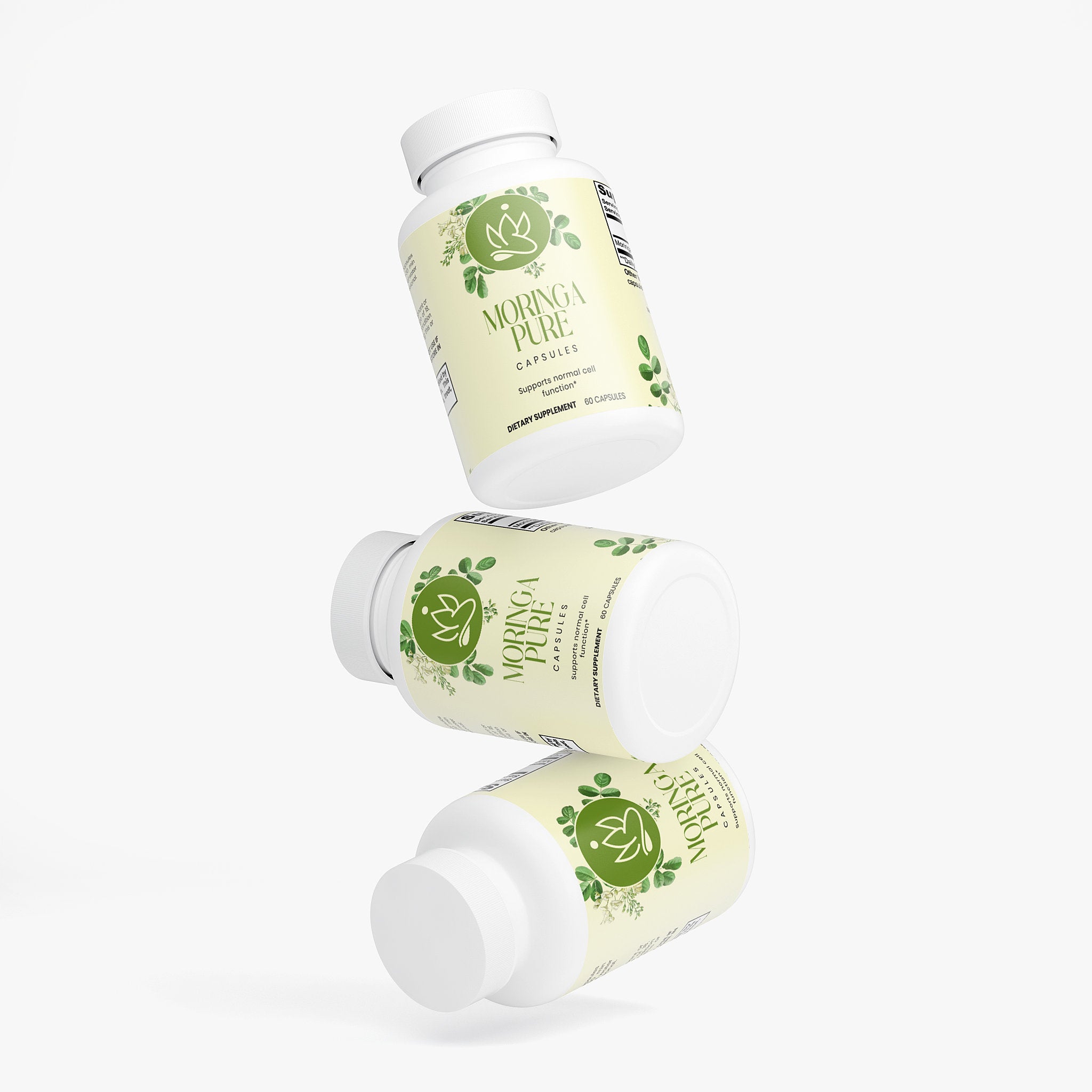 Three bottles of Moringa Pure on a white background