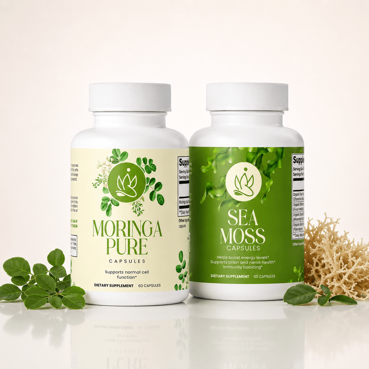 Two bottles of Moringa Pure and Sea Moss plant-based daily wellness supplements